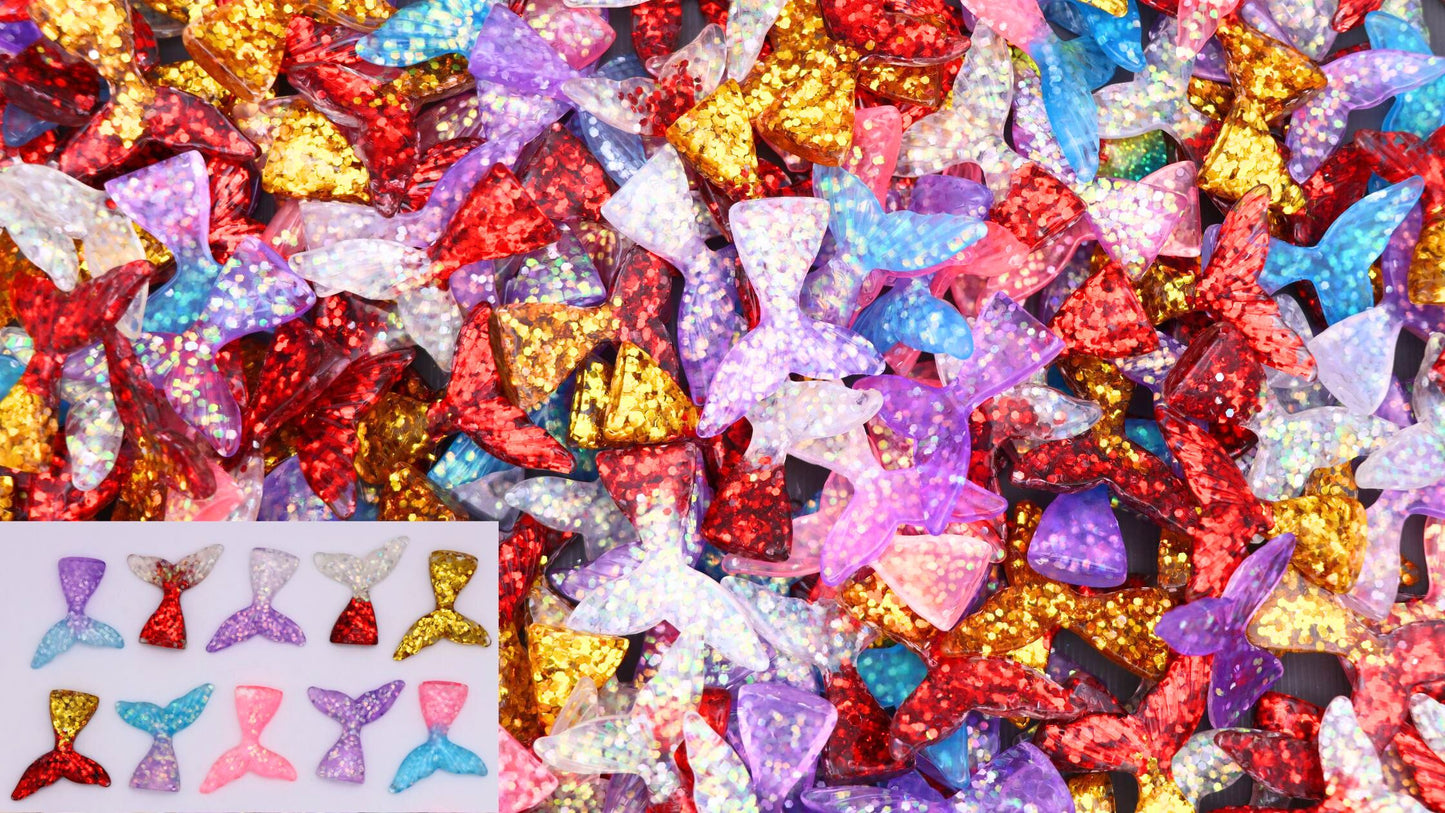 【N54】Mermaid Tail Love - Resin Cabochons, with Sequins, , Mermaid Tail, Mixed Color,