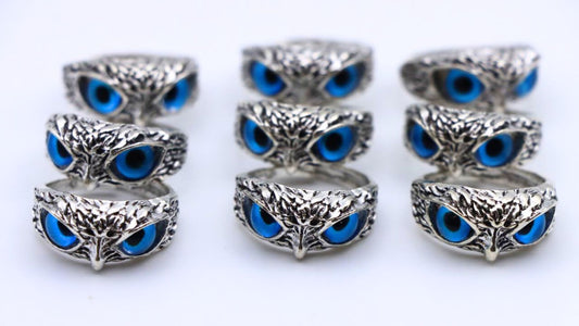 【N179】Blue Owl Eyes - Blue Eye Owl Finger Ring For Men Women Girl, Open Adjustable Silver Ring